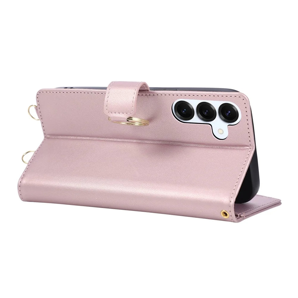 For Samsung Galaxy A57 5G Case Magnetic Ring Buckle Zipper Pocket Rhombic Leather Phone Cover with Wrist Strap - Pink - 4
