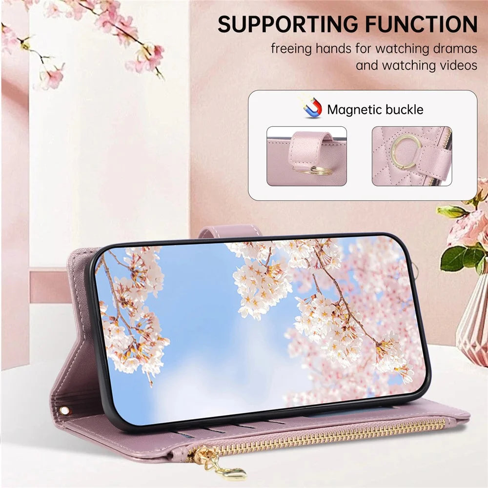 For Samsung Galaxy A57 5G Case Magnetic Ring Buckle Zipper Pocket Rhombic Leather Phone Cover with Wrist Strap - Pink - 7