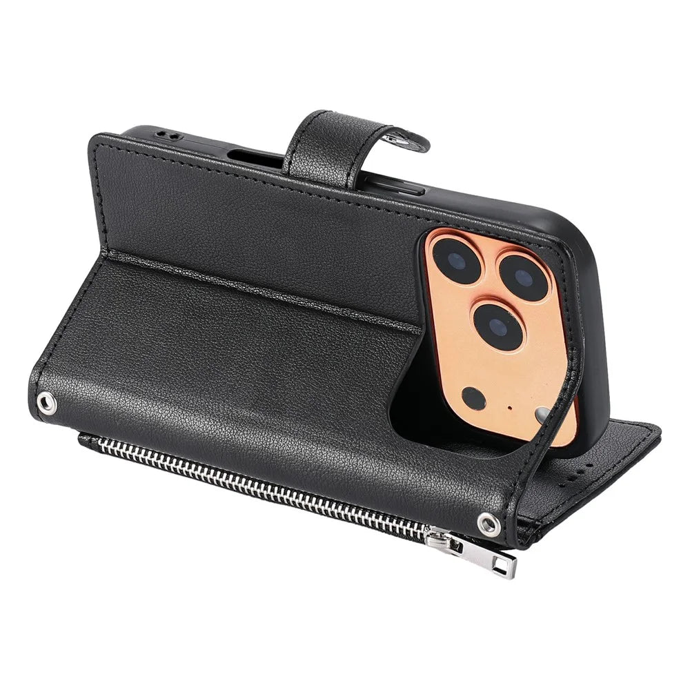 Wallet Case for iPhone 18 Pro / 17 Pro Litchi Texture Zipper Pocket Stand Leather Flip Phone Cover with Wrist Strap - Black - 4
