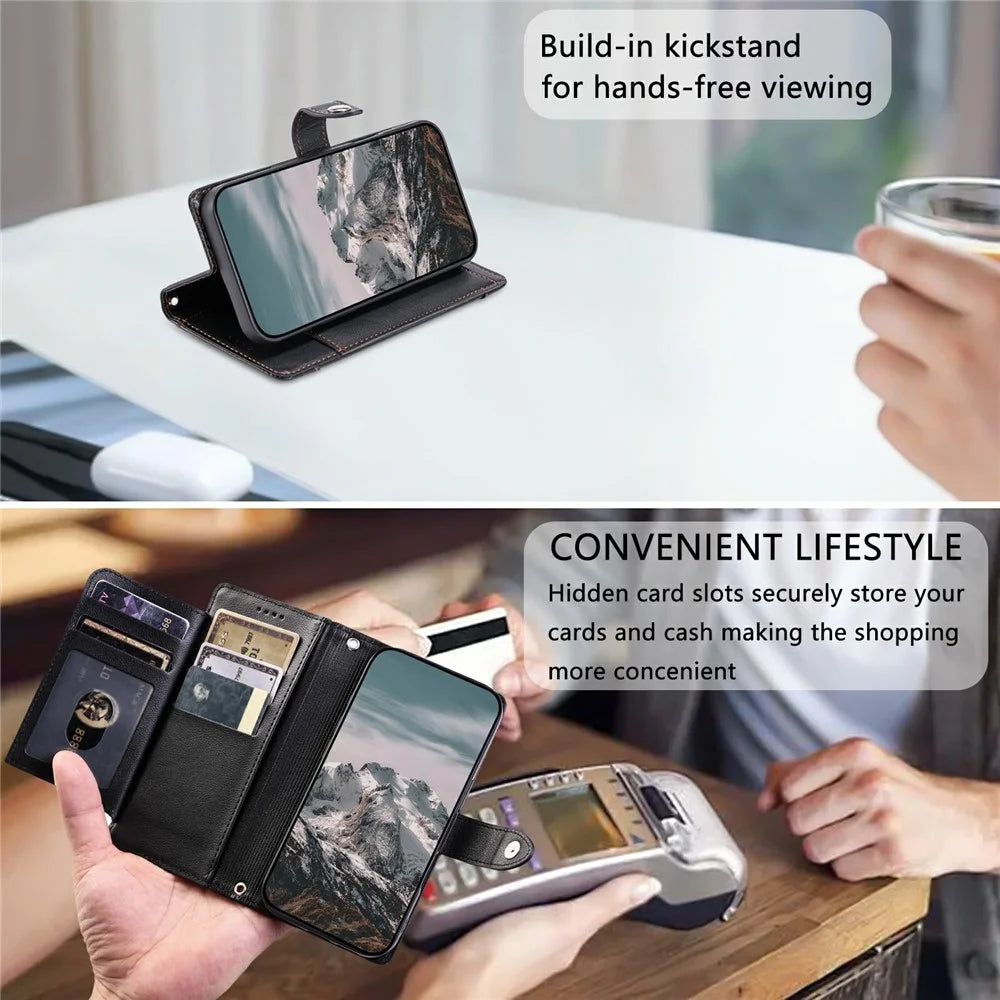 Wallet Case for iPhone 18 Pro / 17 Pro Litchi Texture Zipper Pocket Stand Leather Flip Phone Cover with Wrist Strap - Black - 7