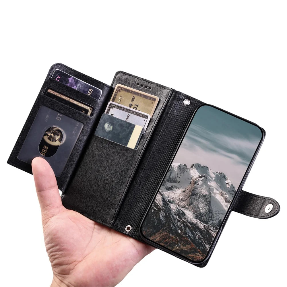 Wallet Case for Google Pixel 10a Litchi Texture Zipper Pocket Stand Leather Flip Phone Cover with Wrist Strap - Black - 5