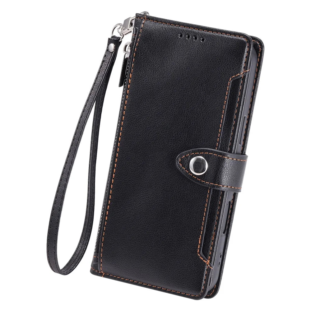 Wallet Case for Google Pixel 10a Litchi Texture Zipper Pocket Stand Leather Flip Phone Cover with Wrist Strap - Black - 7