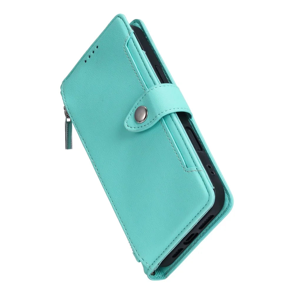 Wallet Case for Google Pixel 11 Pro XL Litchi Texture Zipper Pocket Stand Leather Flip Phone Cover with Wrist Strap - Mint Green - 6