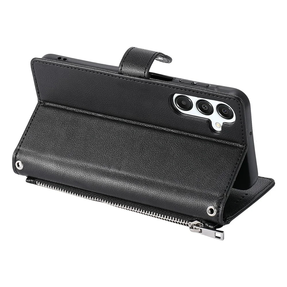 Wallet Case for Samsung Galaxy S26+ Litchi Texture Zipper Pocket Stand Leather Flip Phone Cover with Wrist Strap - Black - 4