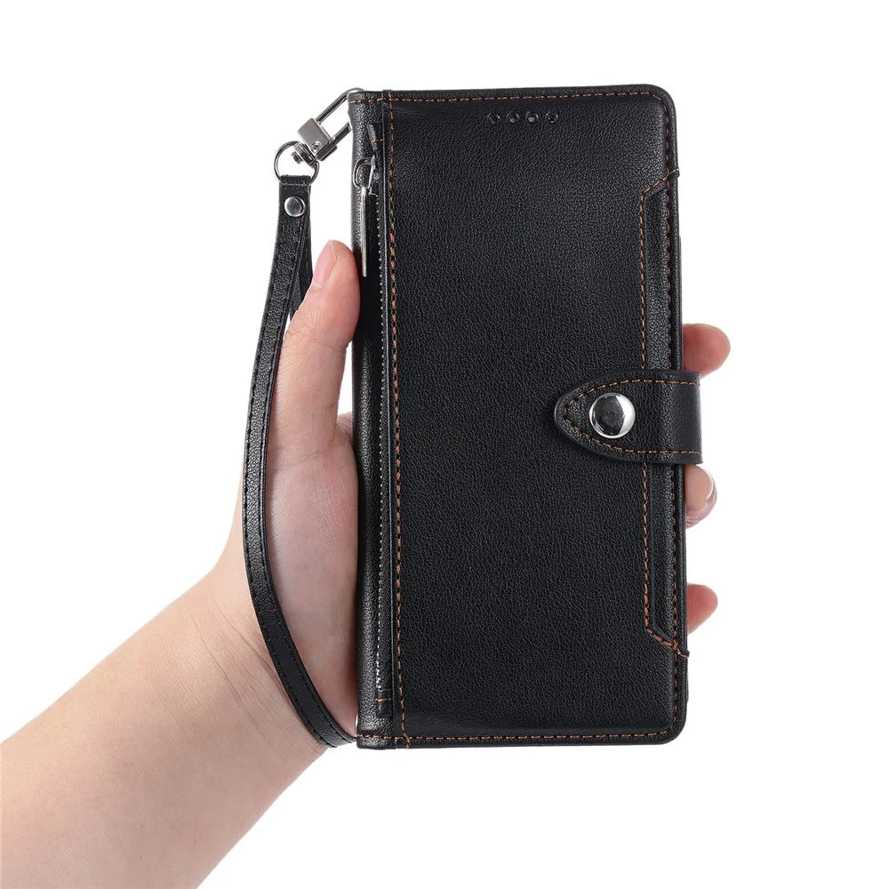 Wallet Case for Samsung Galaxy S26+ Litchi Texture Zipper Pocket Stand Leather Flip Phone Cover with Wrist Strap - Black - 6