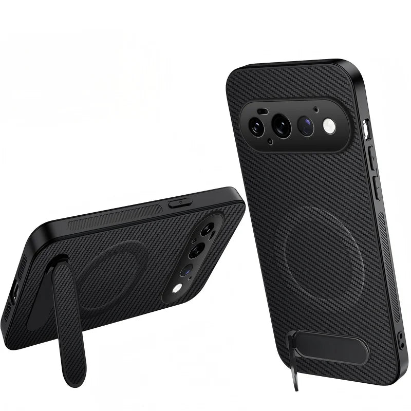 WANLONFENG for Google Pixel 11 Pro QT Series Magnetic Case Kickstand Carbon Fiber Texture PC TPU Phone Cover - Black - 1