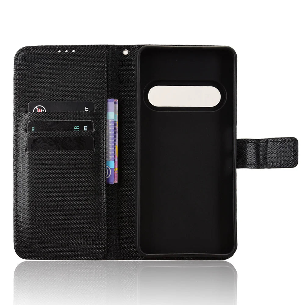For Natural AI Phone Leather Wallet Case with Strap Diamond Texture Phone Cover - Black - 5