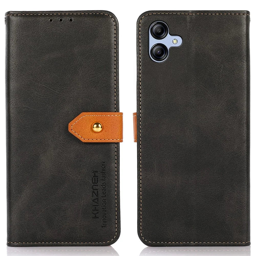 KHAZNEH For Samsung Galaxy A04e 4G / F04 4G / M04 4G Anti-scratch Cowhide Texture Phone Stand Case PU Leather Gold Buckle Folio Flip Wallet Cover - Black - 1