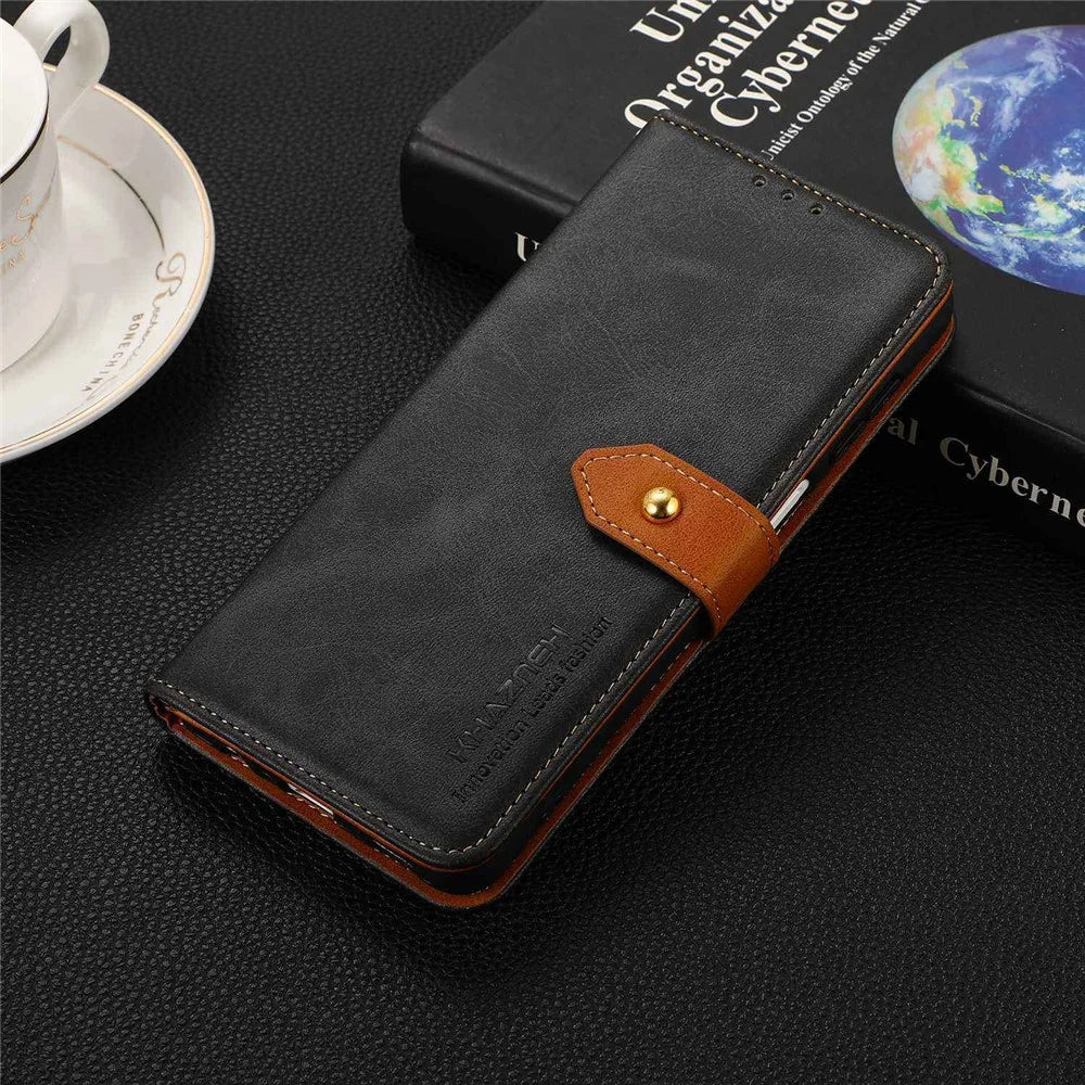 KHAZNEH For Samsung Galaxy A04e 4G / F04 4G / M04 4G Anti-scratch Cowhide Texture Phone Stand Case PU Leather Gold Buckle Folio Flip Wallet Cover - Black - 6
