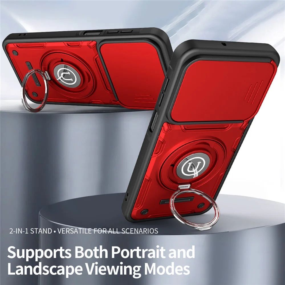For Samsung Galaxy S25 FE Case with Slide Camera Cover Ring Kickstand PC + TPU Phone Shell - Red - 3