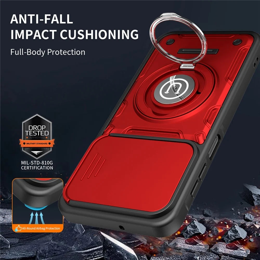 For Samsung Galaxy S25 FE Case with Slide Camera Cover Ring Kickstand PC + TPU Phone Shell - Red - 5