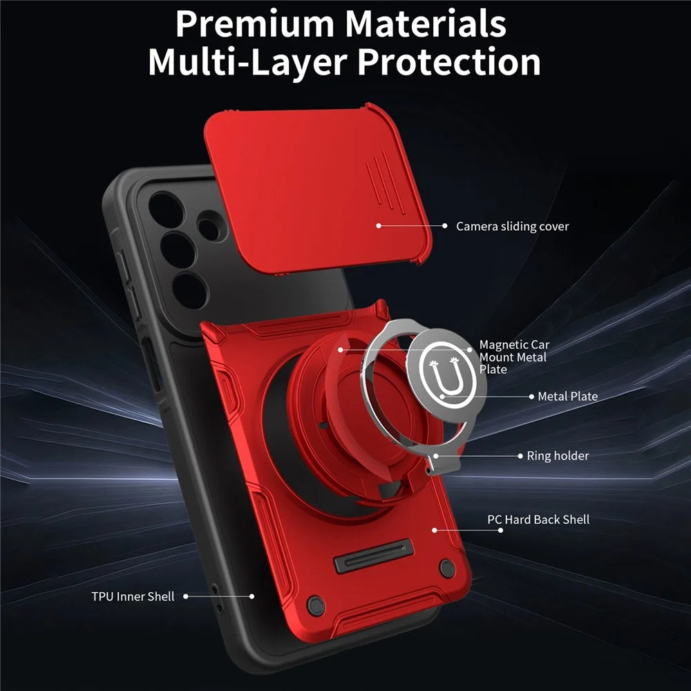 For Samsung Galaxy S25 FE Case with Slide Camera Cover Ring Kickstand PC + TPU Phone Shell - Red - 6