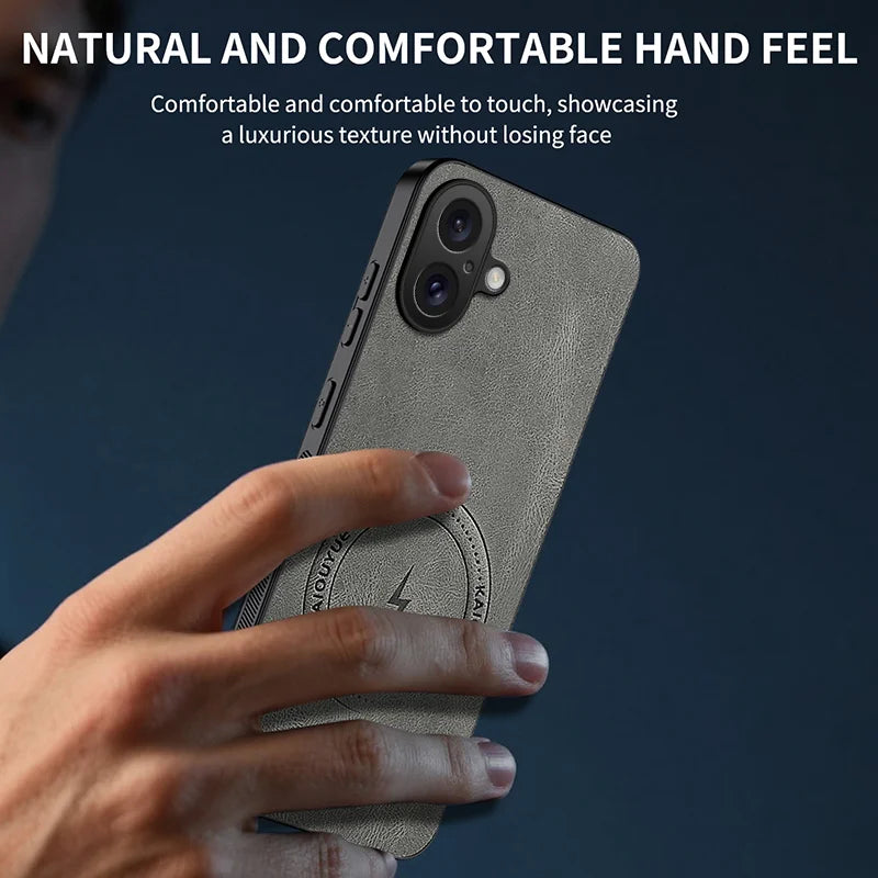 WANLONFENG for iPhone 16 SD Series Magnetic Case Nappa Texture PC TPU Phone Cover with 2Pcs Screen Film - Grey - 5