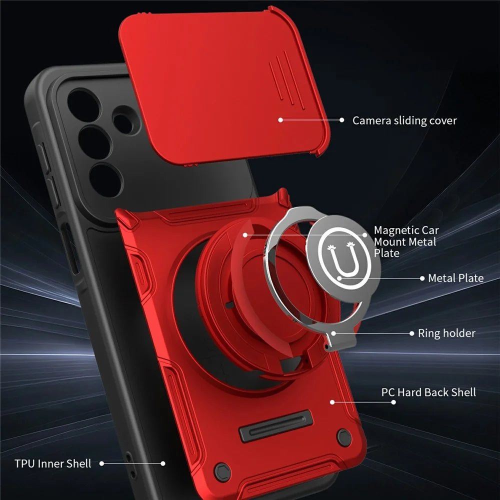 Phone Case with Slide Camera Cover For Samsung Galaxy A18 5G / A18 4G / A17 5G / A17 4G / A26 5G Ring Kickstand PC + TPU Shell - Red - 6