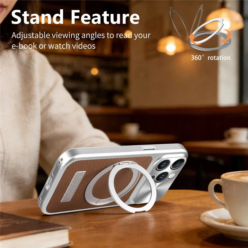 For iPhone 15 Pro Magnetic Case Kickstand TPU+PC+PU Leather Litchi Texture Phone Back Cover - Brown - 5