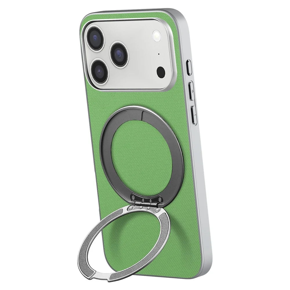 For iPhone 17 Pro Max Magnetic Case Ring Kickstand Fine Grid Texture Leather + PC + TPU Phone Cover - Green - 3