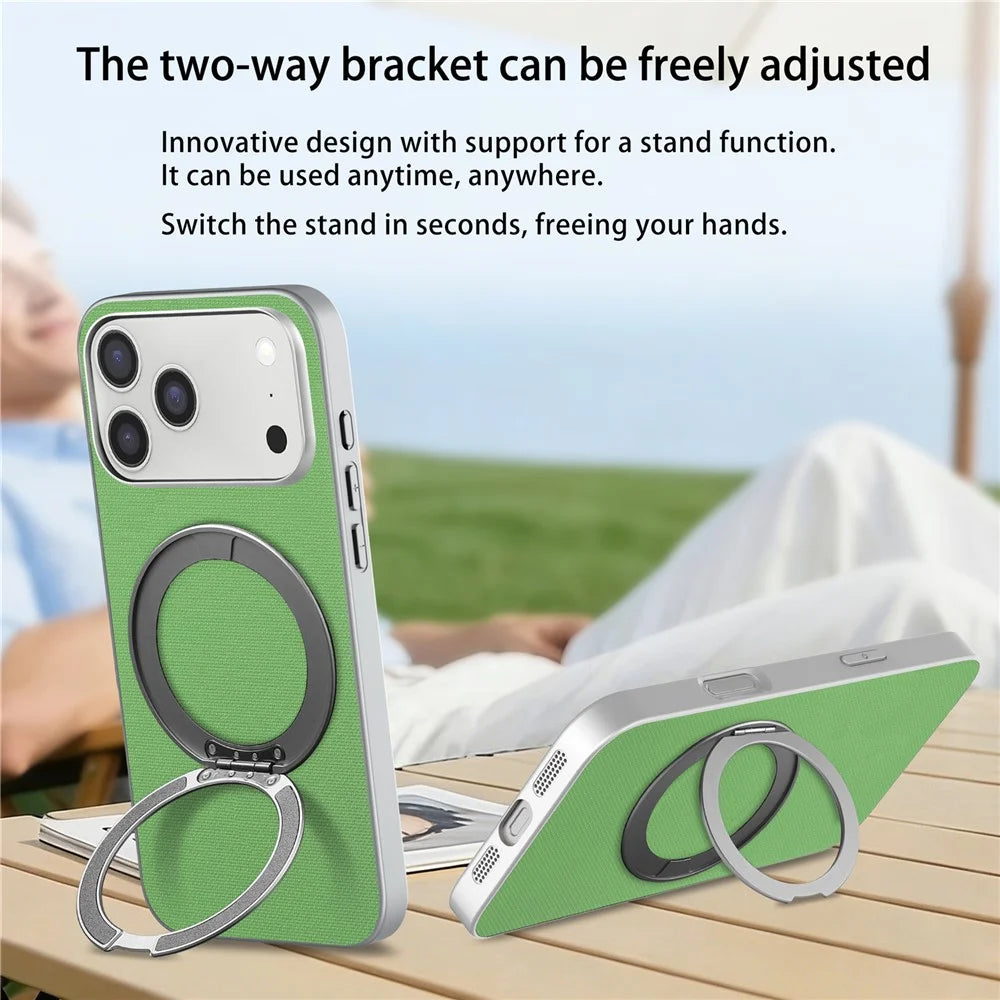 For iPhone 17 Pro Max Magnetic Case Ring Kickstand Fine Grid Texture Leather + PC + TPU Phone Cover - Green - 7