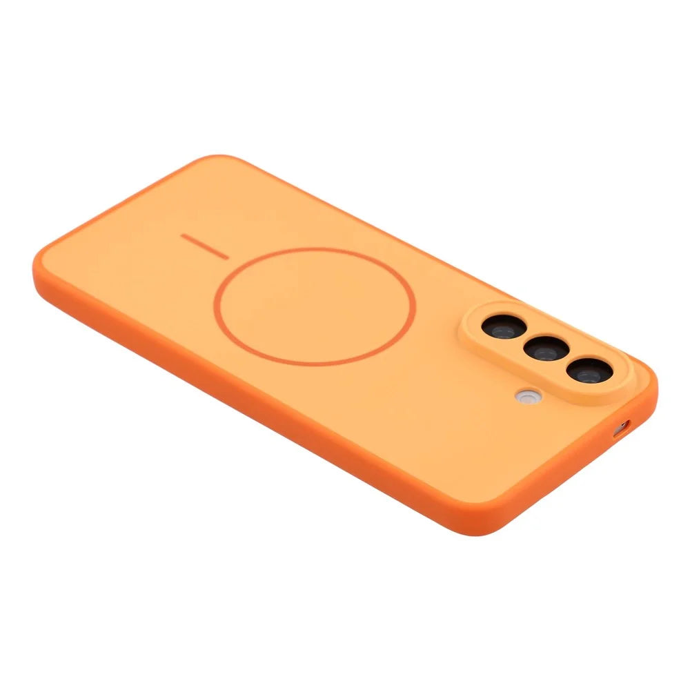 For Samsung Galaxy A57 5G Magnetic Case TPU + PC Shockproof Phone Cover with Electroplated Buttons - Orange - 5