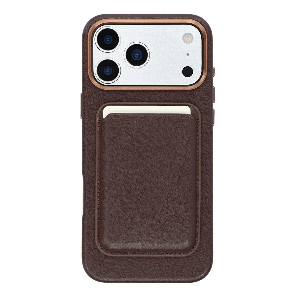 For iPhone 18 Pro / 17 Pro Magnetic Case with Card Holder Bio-Based Leather Phone Back Cover GRS Certified - Dark Brown - 1