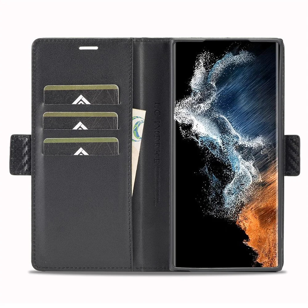 LC.IMEEKE for Samsung Galaxy S23 Ultra Carbon Fiber Texture Phone Wallet Case PU Leather Shockproof Stand Phone Cover - Vertical Stripe - 2