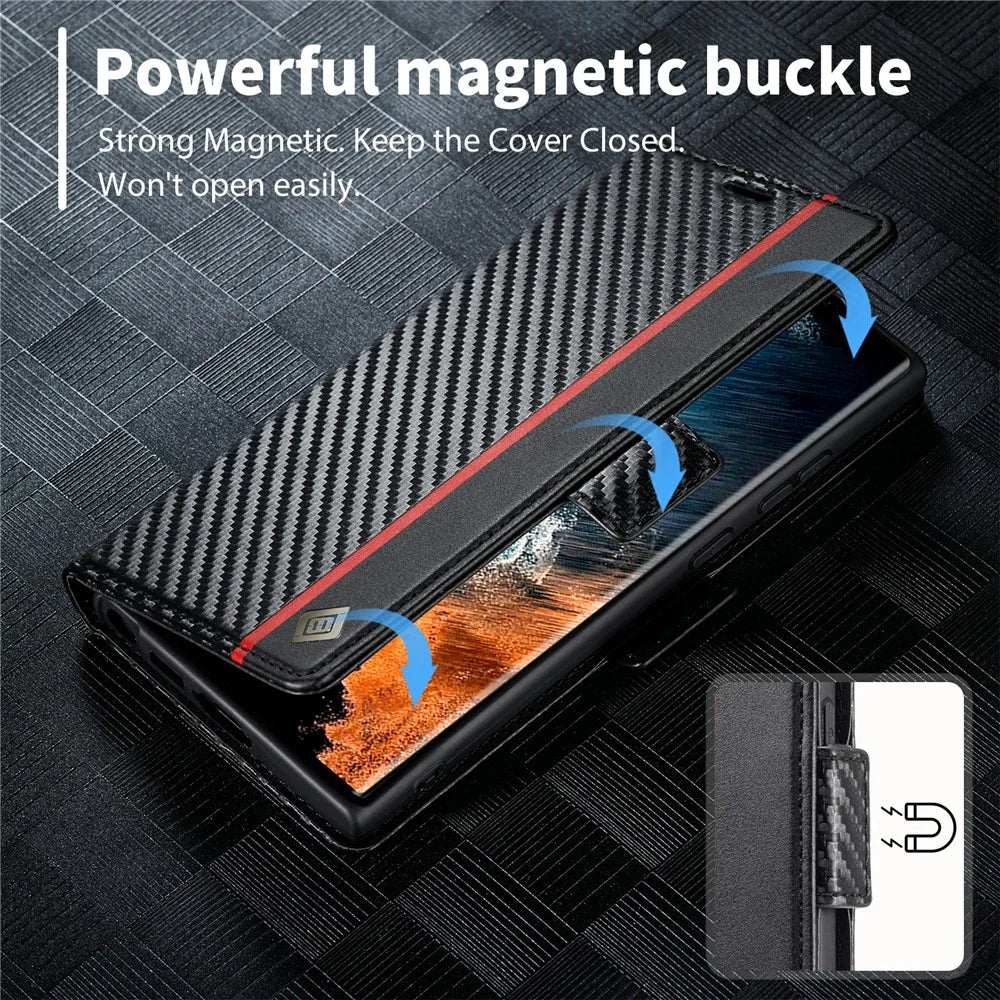 LC.IMEEKE for Samsung Galaxy S23 Ultra Carbon Fiber Texture Phone Wallet Case PU Leather Shockproof Stand Phone Cover - Vertical Stripe - 4
