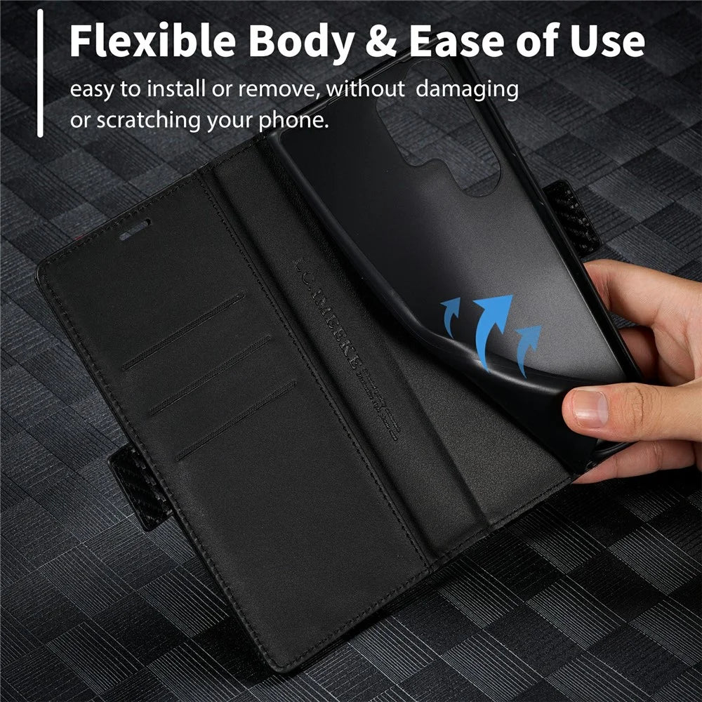 LC.IMEEKE for Samsung Galaxy S23 Ultra Carbon Fiber Texture Phone Wallet Case PU Leather Shockproof Stand Phone Cover - Vertical Stripe - 5