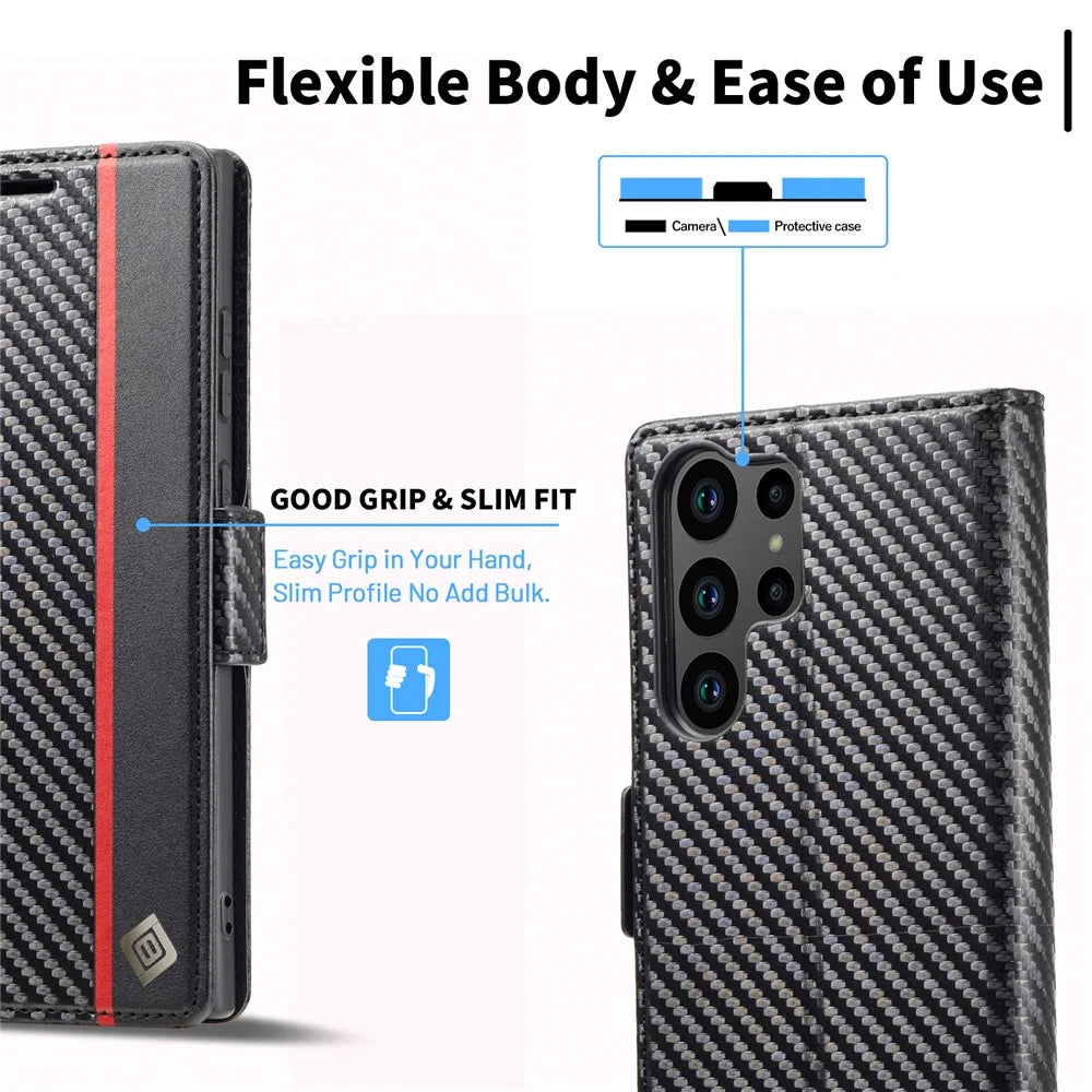 LC.IMEEKE for Samsung Galaxy S23 Ultra Carbon Fiber Texture Phone Wallet Case PU Leather Shockproof Stand Phone Cover - Vertical Stripe - 6