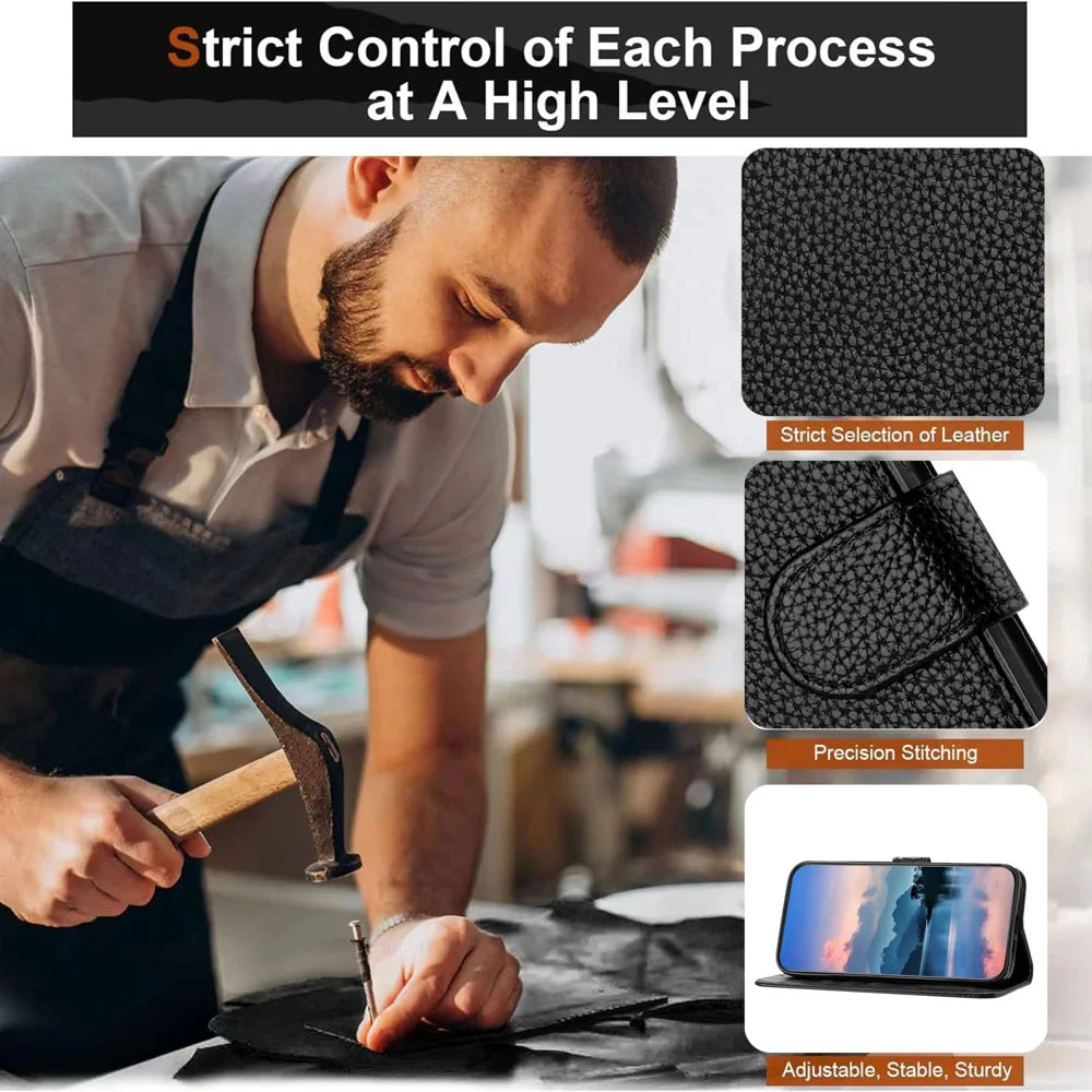 For Samsung Galaxy S26 Ultra Leather Case Litchi Texture Wallet Stand Anti Drop Phone Cover with Wrist Strap - Black - 2