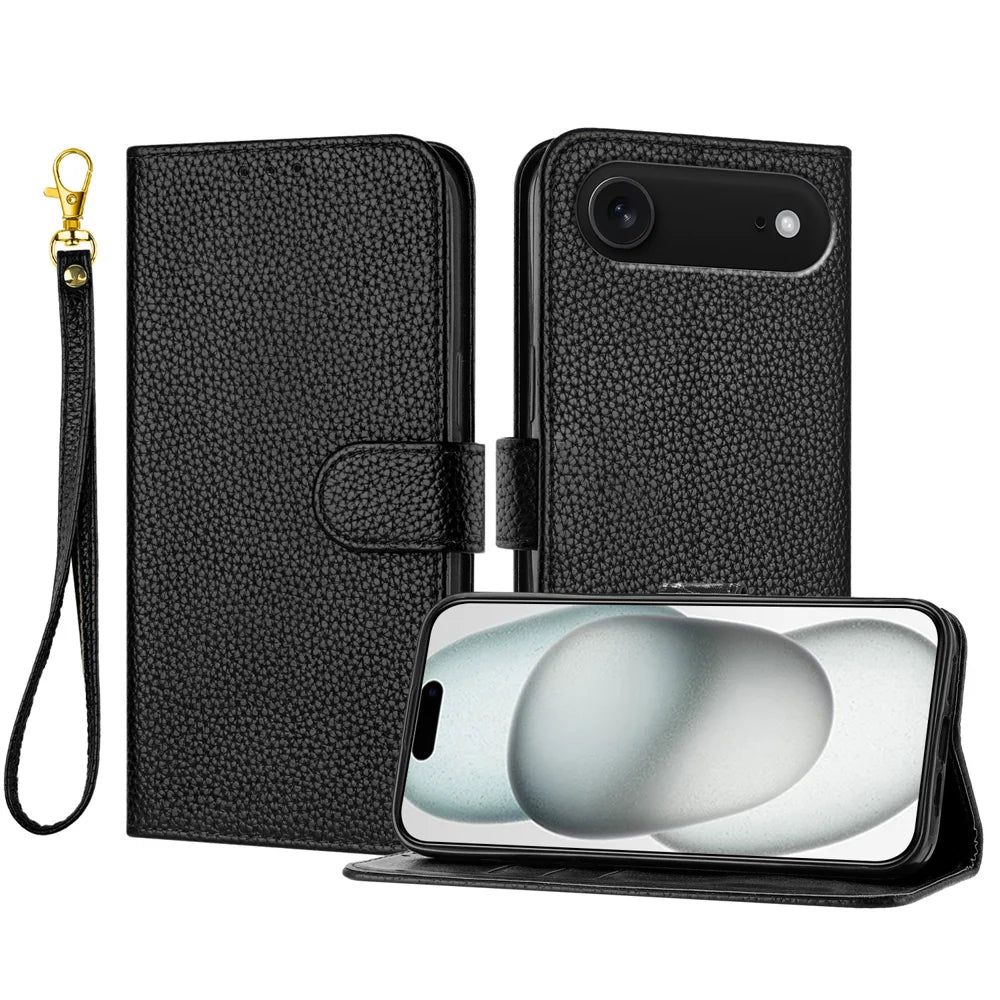 For iPhone Air Leather Case Litchi Texture Wallet Stand Anti Drop Phone Cover with Wrist Strap - Black - 1