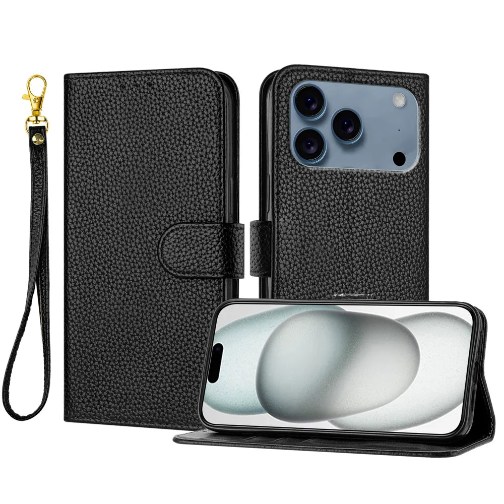 For iPhone 18 Pro / 17 Pro Leather Case Litchi Texture Wallet Stand Anti Drop Phone Cover with Wrist Strap - Black - 1