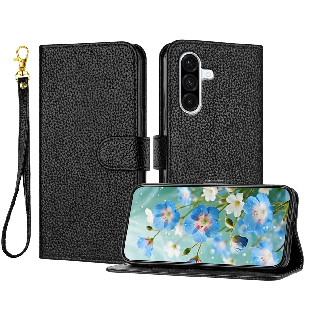 For Samsung Galaxy A57 5G Leather Case Litchi Texture Wallet Stand Anti Drop Phone Cover with Wrist Strap - Black - 1