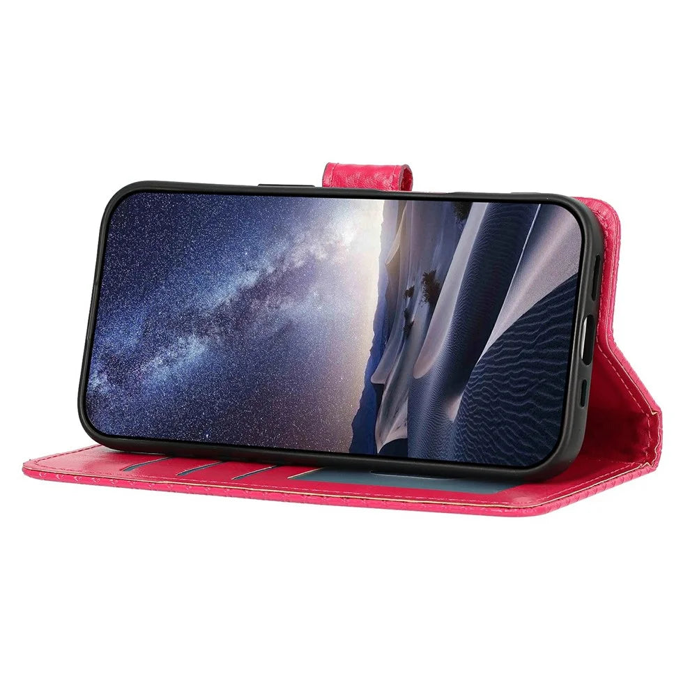 For iPhone 16 Pro Wallet Case Diamond Texture Leather Stand Flip Phone Cover with Wrist Strap - Rose - 3