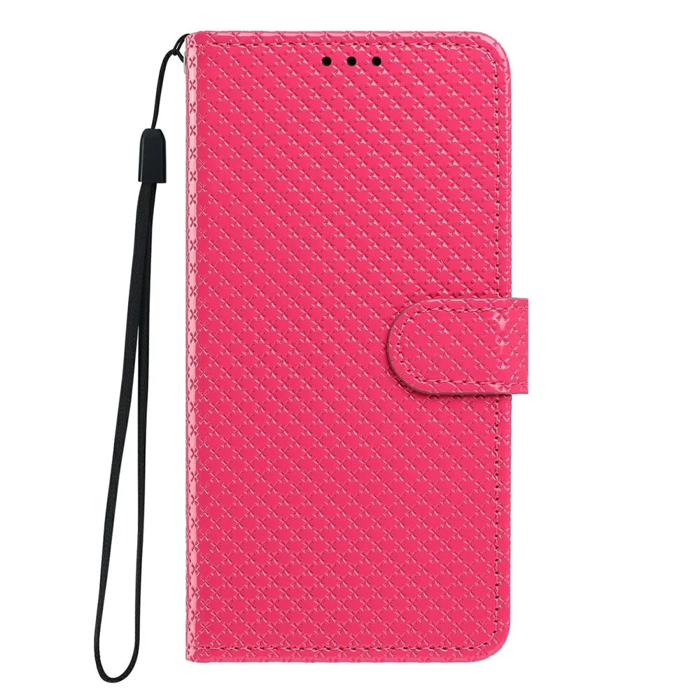 For iPhone 16 Pro Wallet Case Diamond Texture Leather Stand Flip Phone Cover with Wrist Strap - Rose - 7