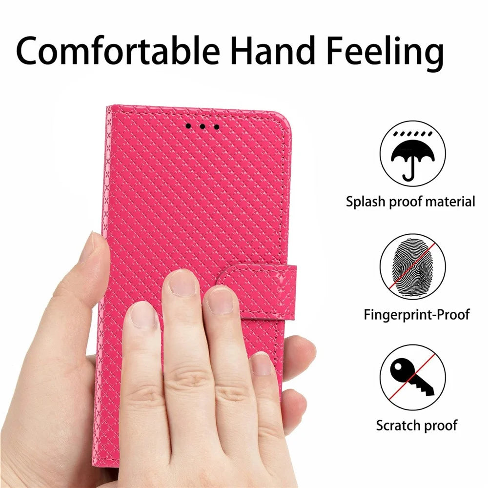 For iPhone 16e  /  17e Wallet Case Diamond Texture Leather Stand Flip Phone Cover with Wrist Strap - Rose - 4