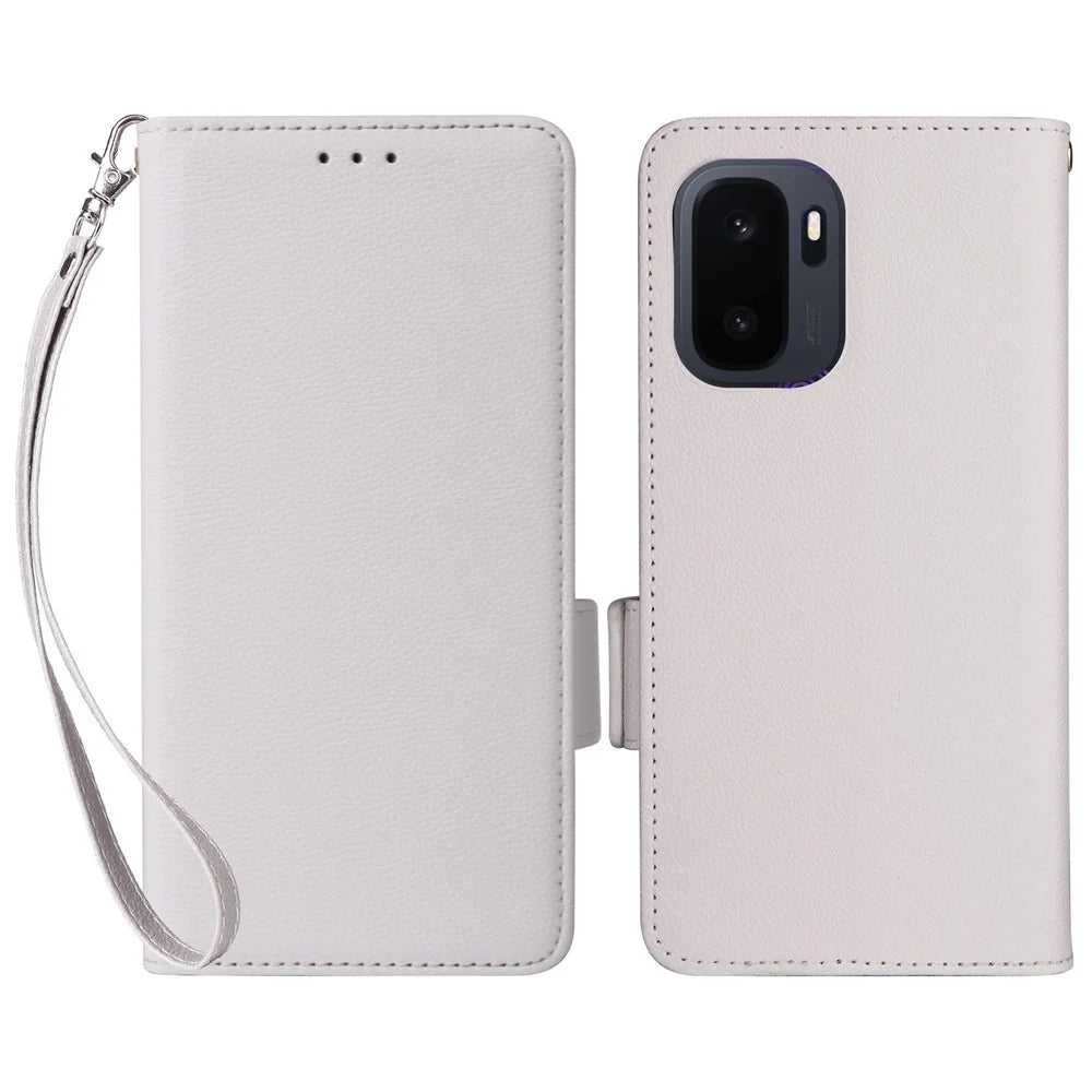 For OnePlus Ace 6 Ultra 5G Case Litchi Texture Wallet Leather Phone Cover with Wrist Strap - White - 1
