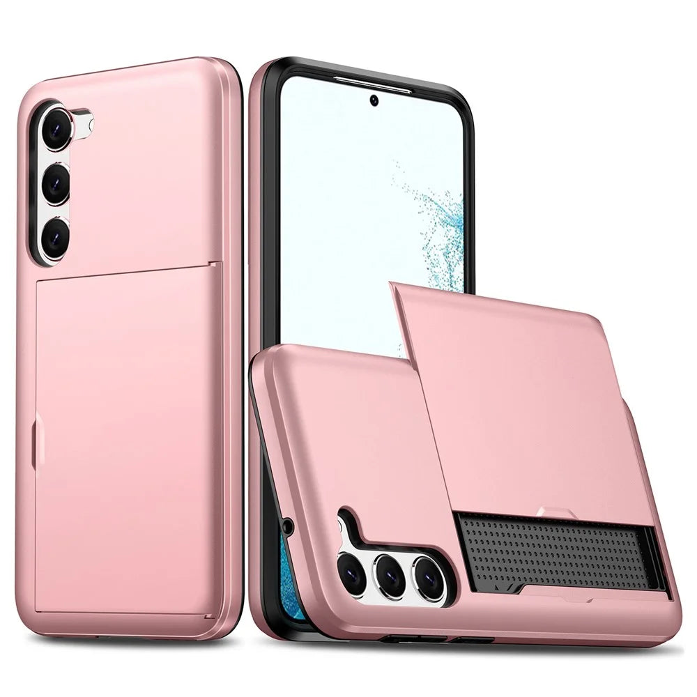 For Samsung Galaxy S23+ Mobile Phone Case TPU + PC Scratch-resistant Back Cover with Slide Card Holder - Rose Gold - 1