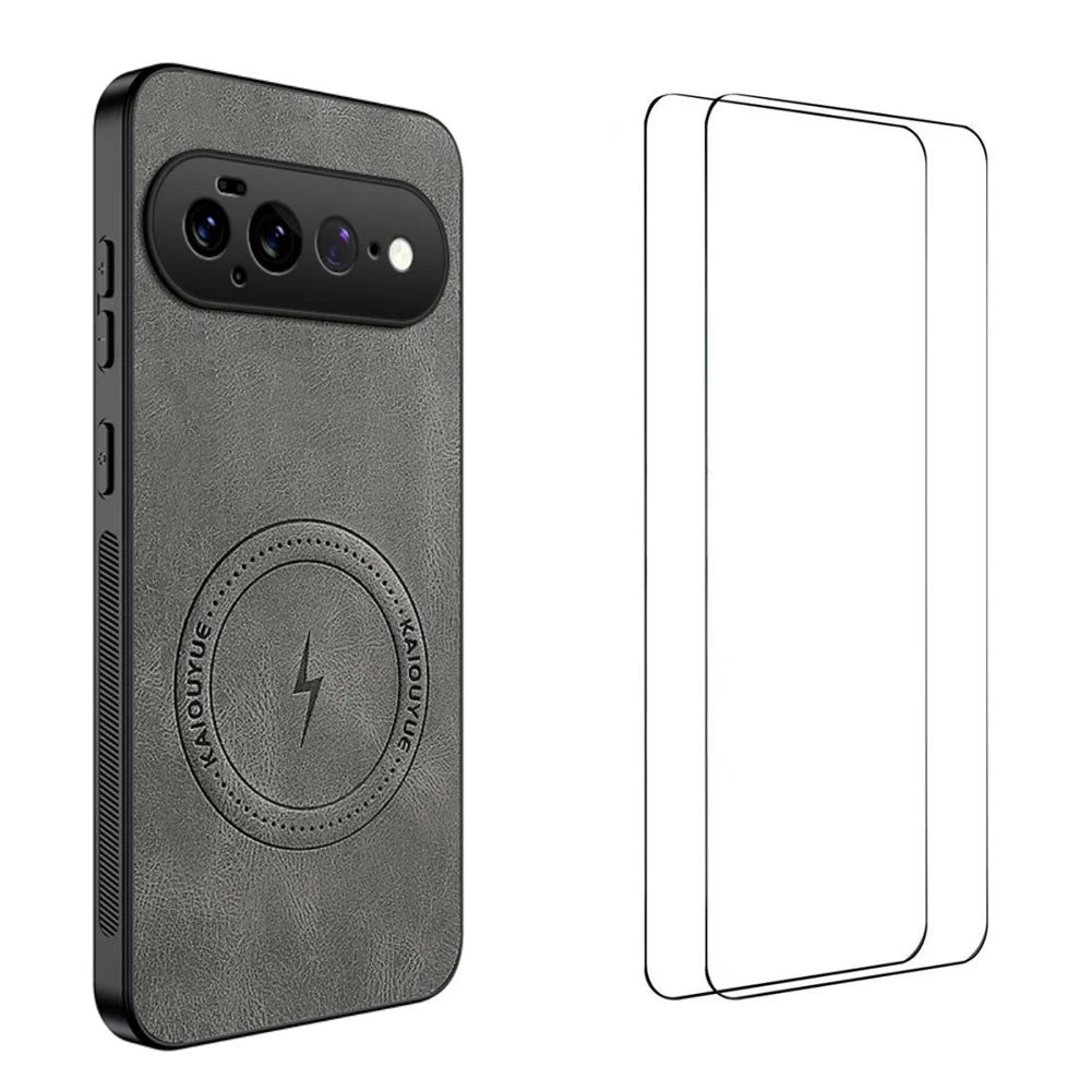 WANLONFENG for Google Pixel 11 Pro XL SD Series Magnetic Case Nappa Texture PC TPU Phone Cover with 2Pcs Screen Film - Grey - 1