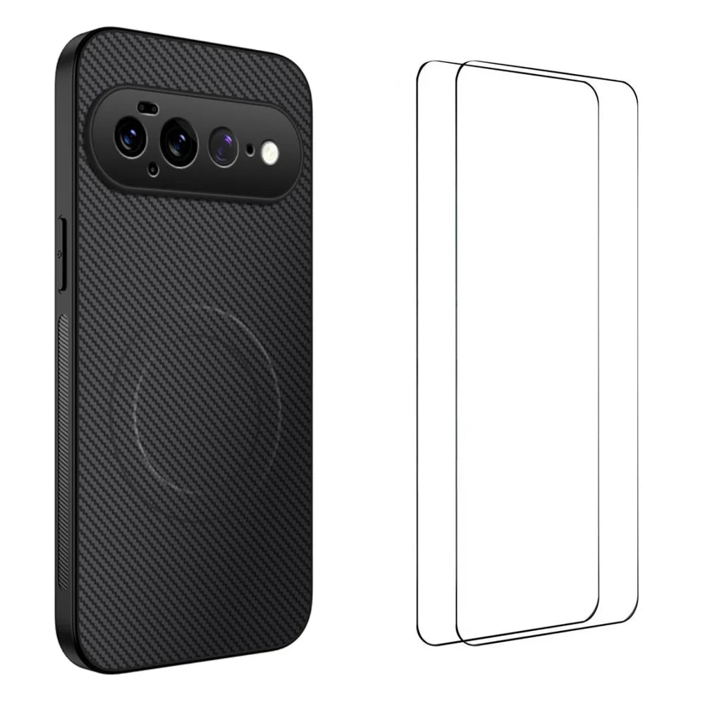WANLONFENG for Google Pixel 11 Pro XL TQ1 Series Magnetic Case Carbon Fiber Texture PC TPU Phone Cover with 2Pcs Screen Films - Black - 1