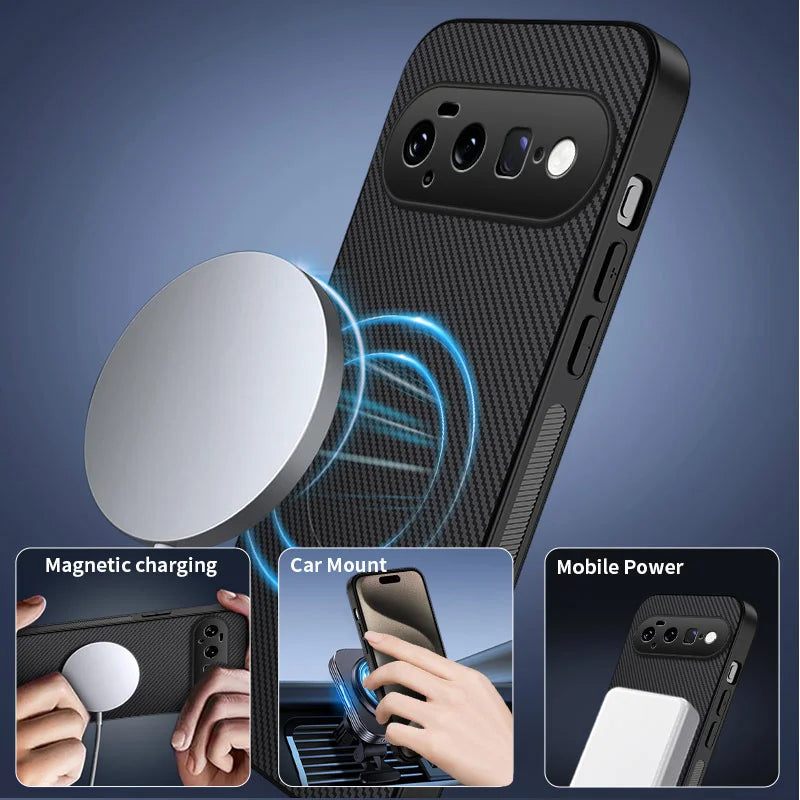 WANLONFENG for Google Pixel 11 TQ1 Series Magnetic Case Carbon Fiber Texture PC TPU Phone Cover with 2Pcs Screen Films - Black - 4