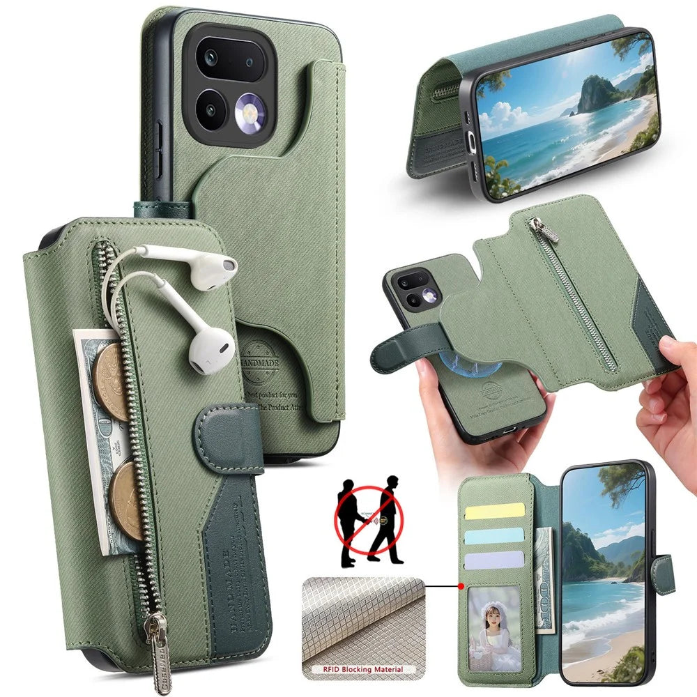 For Realme 16 Pro+ 5G Magnetic Case RFID Blocking Detachable Wallet Stand Cloth Texture Leather Phone Cover - Green - 1
