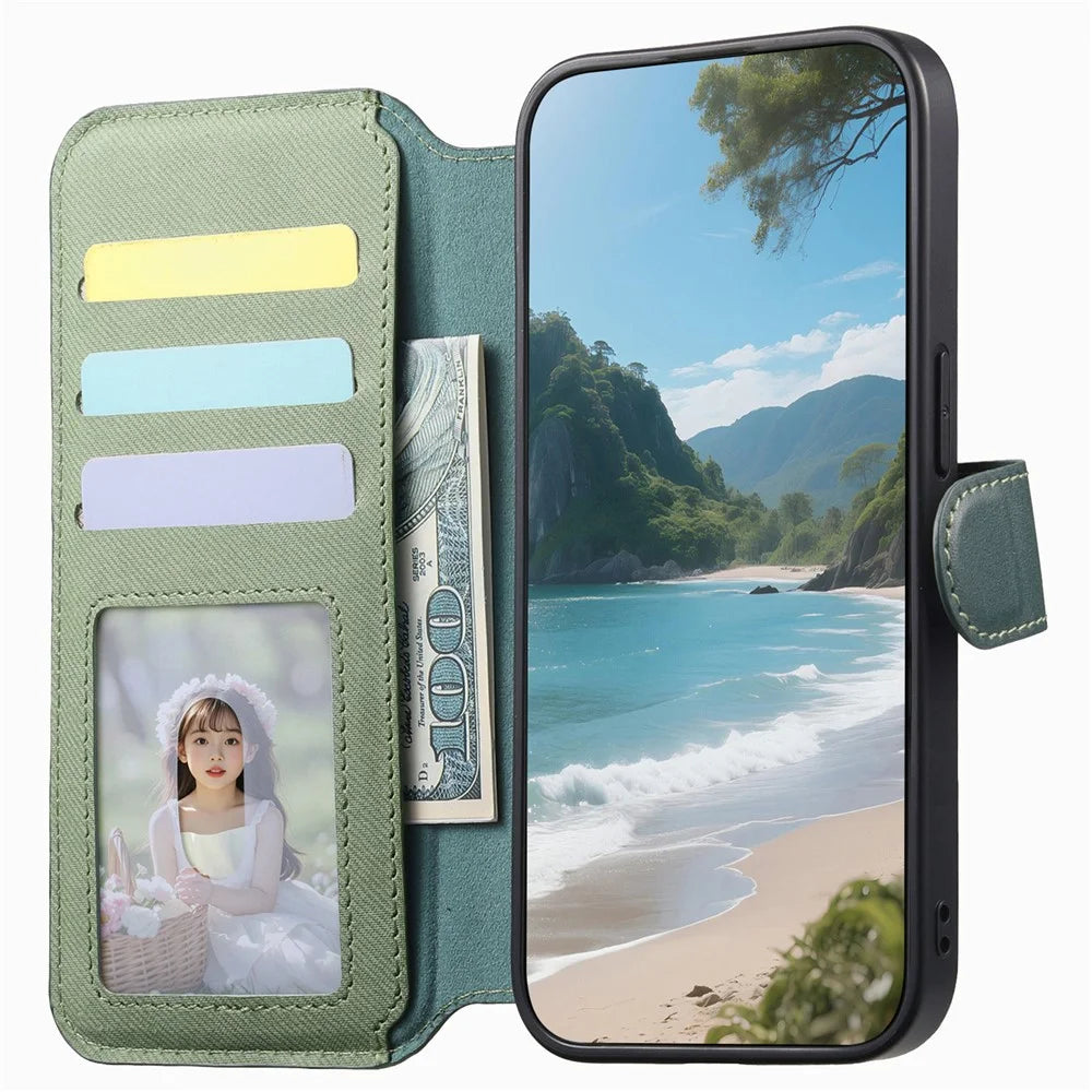 For Realme 16 Pro+ 5G Magnetic Case RFID Blocking Detachable Wallet Stand Cloth Texture Leather Phone Cover - Green - 2