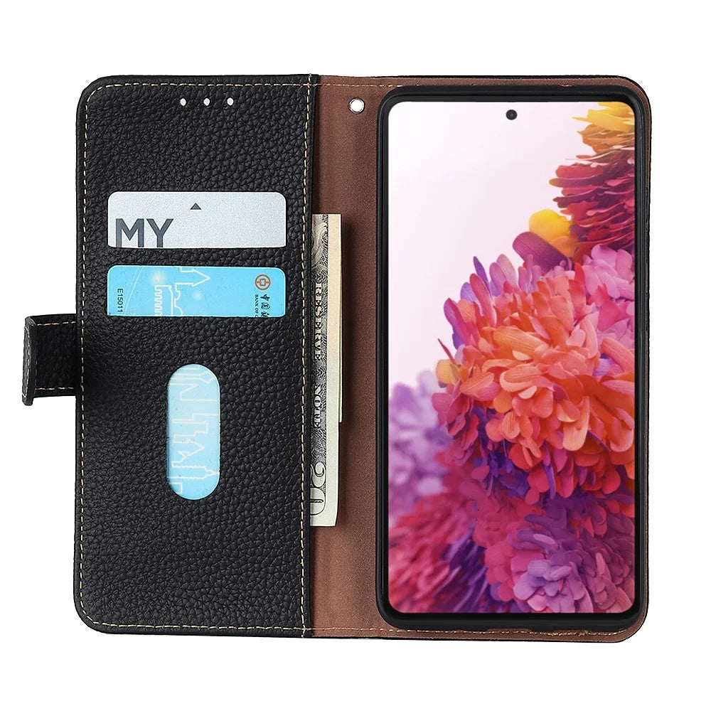 KHAZNEH For OnePlus Nord CE6 Lite 5G  /  Realme P4x 5G Wallet Case Litchi Texture Genuine Cow Leather Flip Phone Cover - Black - 2