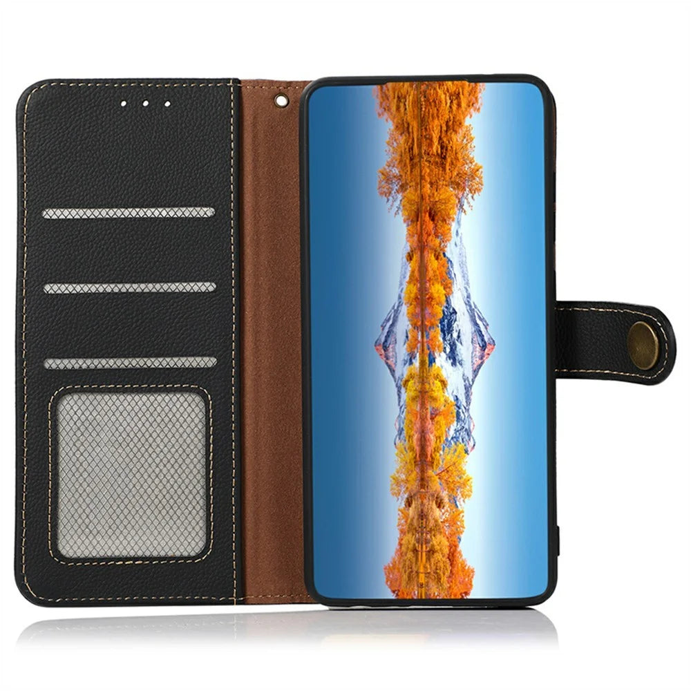 KHAZNEH for OnePlus Nord CE6 Lite 5G / Realme P4x 5G Case Genuine Cow Leather RFID Blocking Wallet Phone Cover - Black - 4