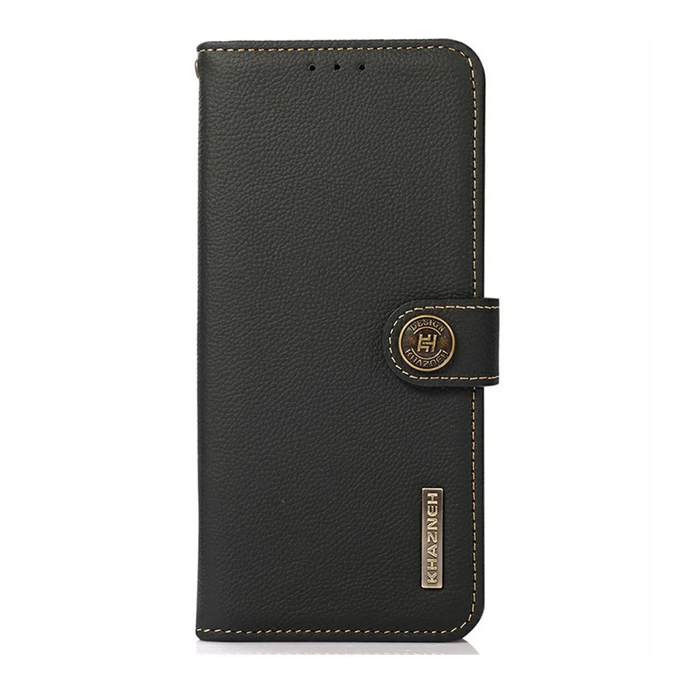 KHAZNEH for OnePlus Nord CE6 Lite 5G / Realme P4x 5G Case Genuine Cow Leather RFID Blocking Wallet Phone Cover - Black - 7