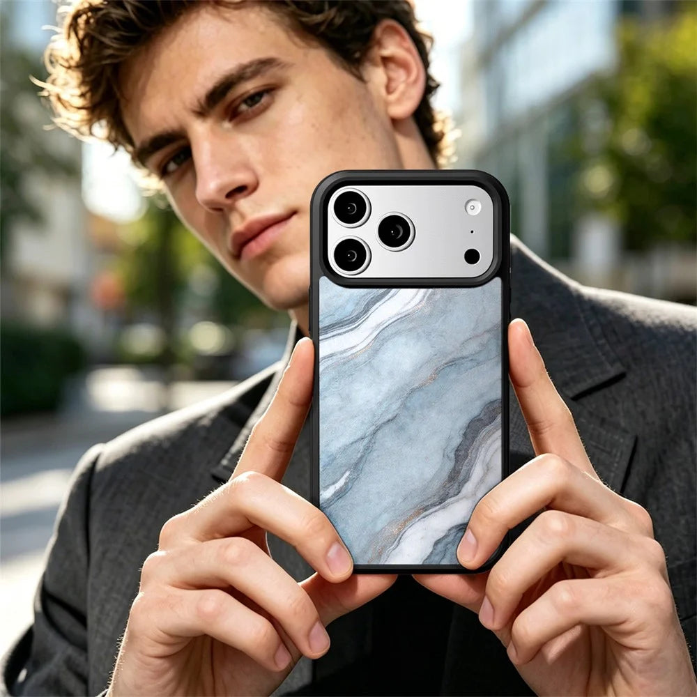 EYCASE For iPhone 17 Pro Max Magnetic Case Marble Pattern TPU + Acrylic Shockproof Phone Cover - Blue Gold Sand Marble Pattern - 5