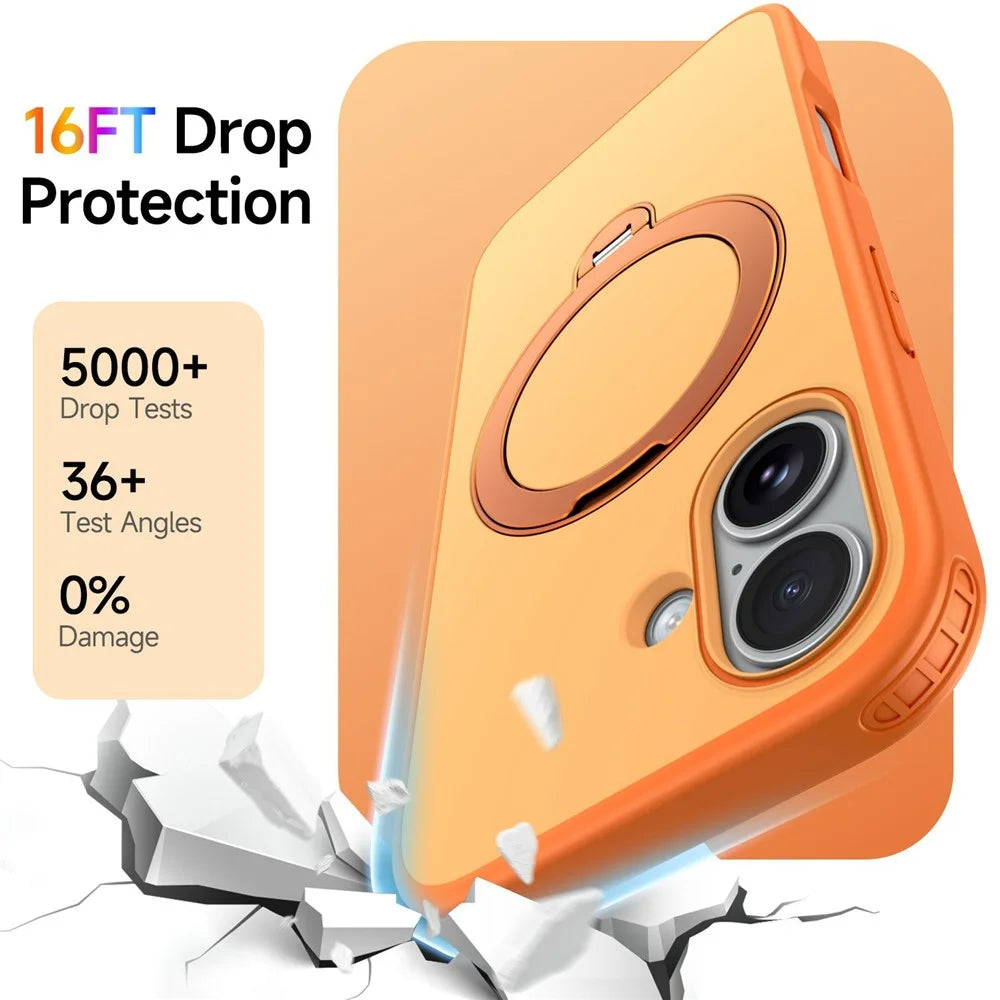 For iPhone 16 Magnetic Case Ring Holder Kickstand PC + TPU Dual-Layer Protective Phone Cover - Orange - 3