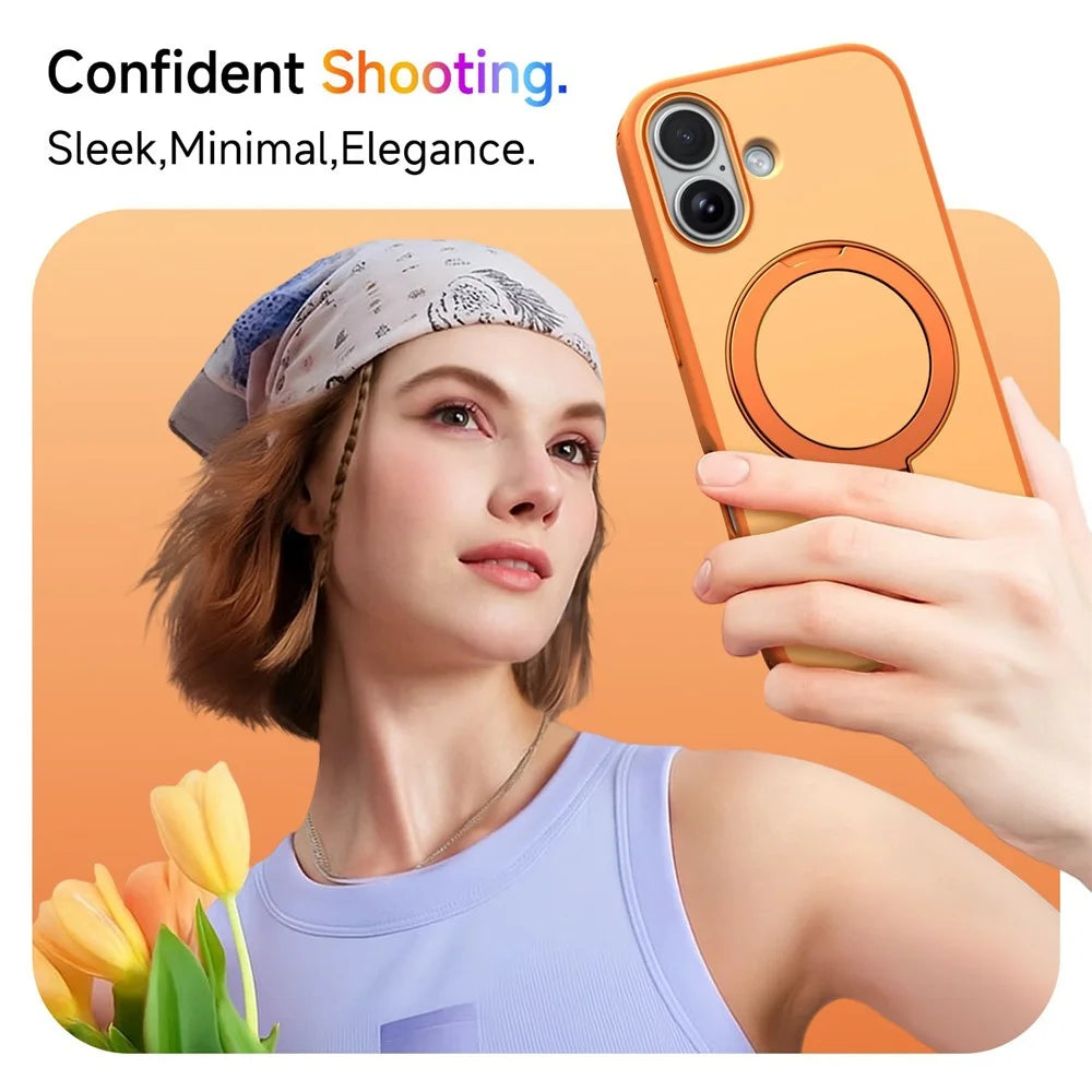 For iPhone 16 Magnetic Case Ring Holder Kickstand PC + TPU Dual-Layer Protective Phone Cover - Orange - 5