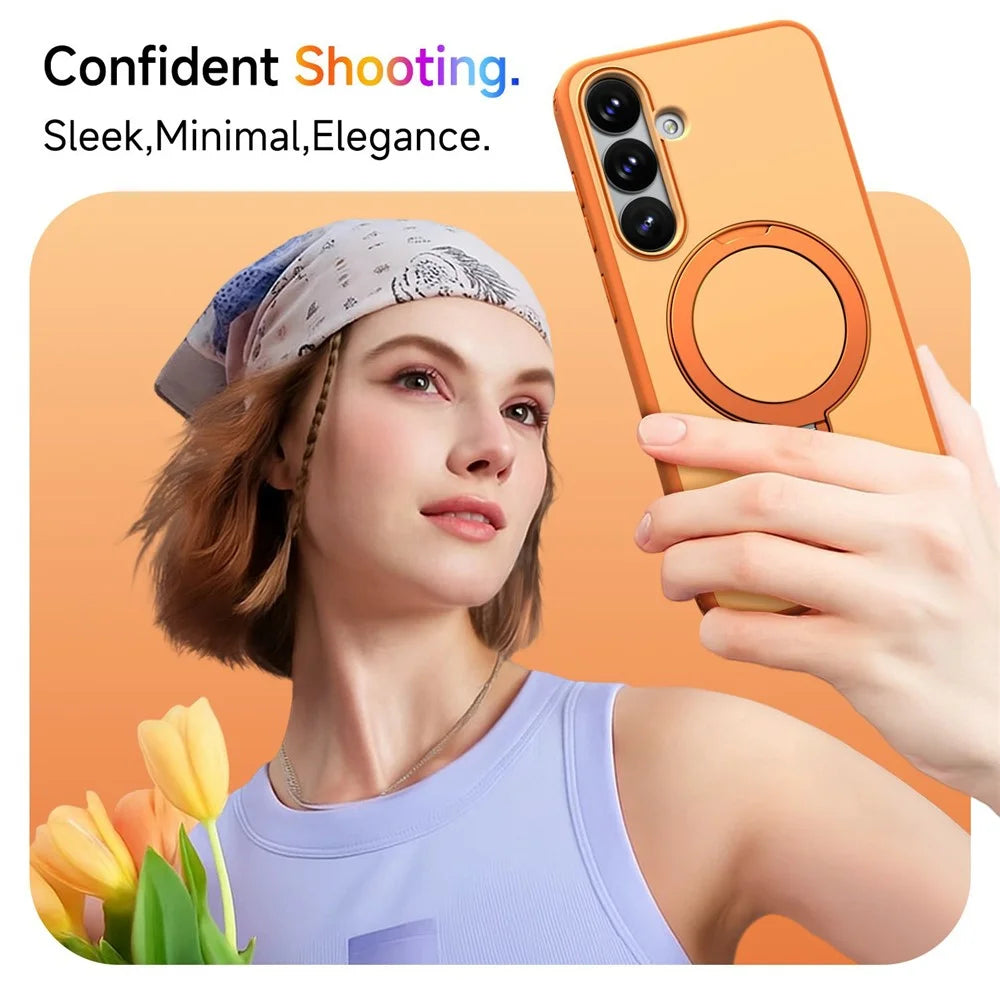 For Samsung Galaxy S26+ Magnetic Case Ring Holder Kickstand PC + TPU Dual-Layer Protective Phone Cover - Orange - 5