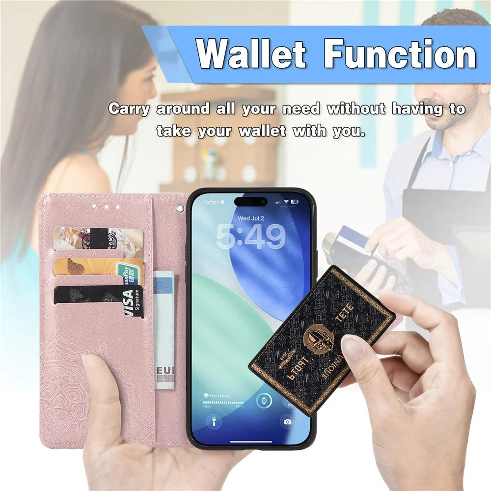 For Blackview Wave 7C Wallet Case Mandala Flower Leather Phone Cover Stand - Rose Gold - 6