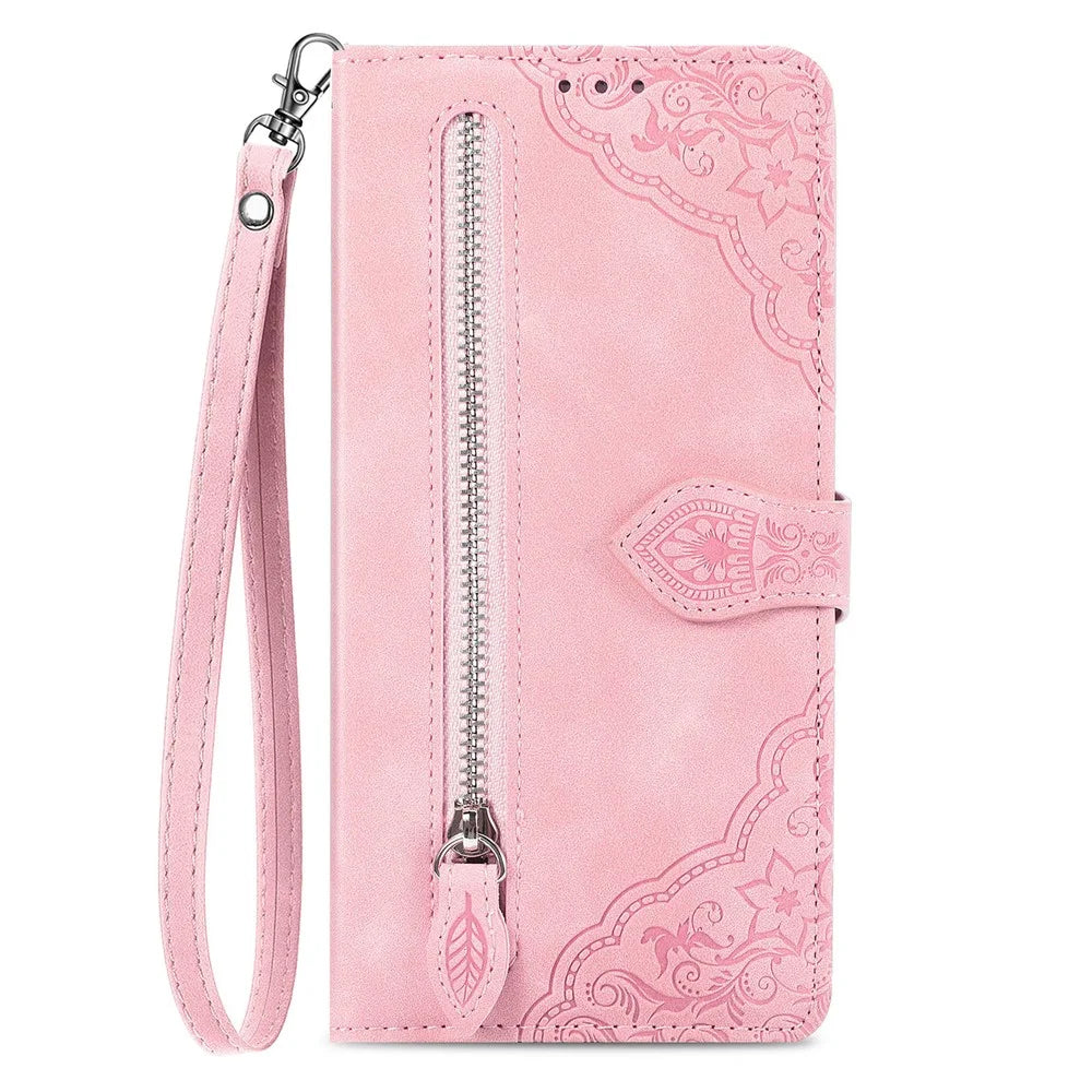 For Blackview Wave 7C Zipper Wallet Case with Strap Flower Imprint PU Leather Phone Cover - Pink - 5